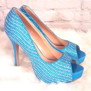 De Blossom Rhinestone Blue Formal Heels Size 8